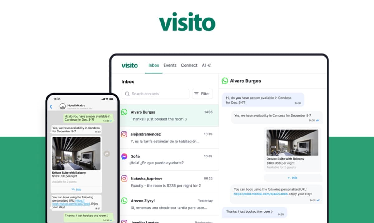 Visito guest messaging and direct booking interface shown in Mirai article