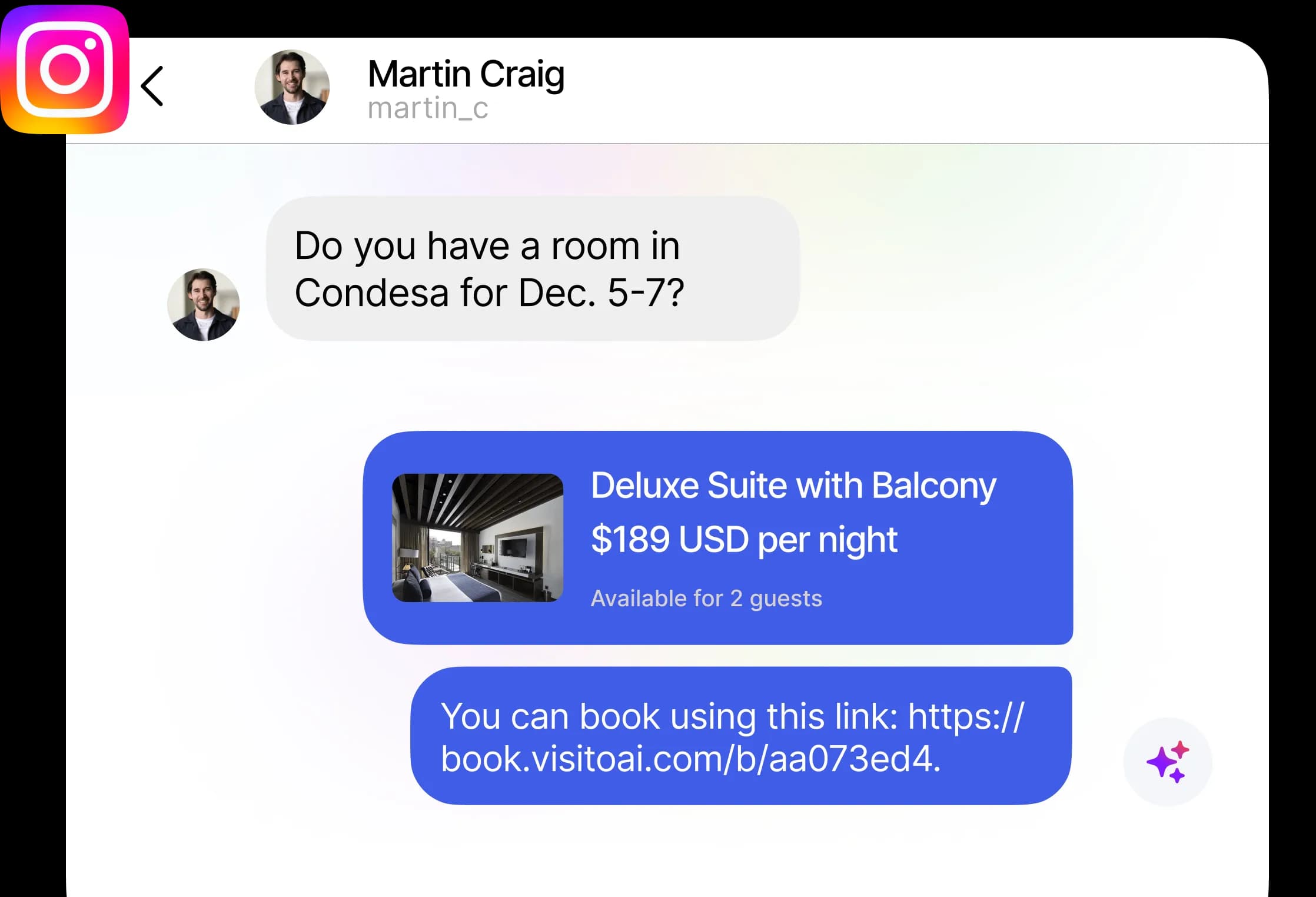 Instagram AI booking assistant interface