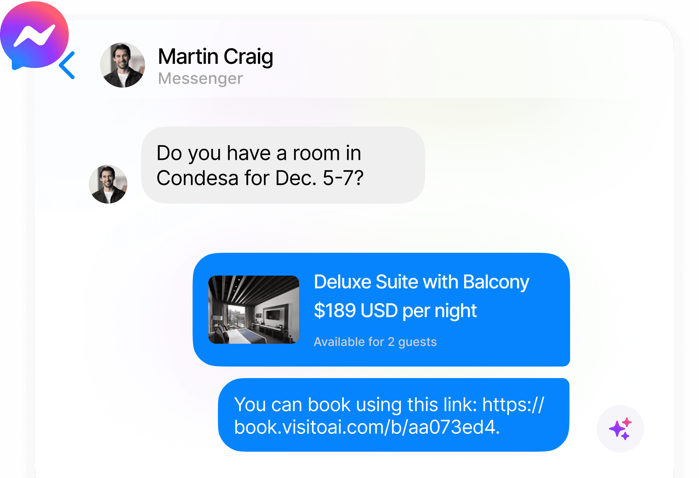 Messenger AI booking assistant interface
